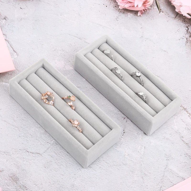 DesignSter Small Jewelry Tray, 2PCS Ring Organizer, Velvet Jewelry Display Tray, Stackable Jewelry Organizer Trays, Jewelry Drawer Organizer Inserts For Dresser, Jewelry Box (Gray) - Image 3